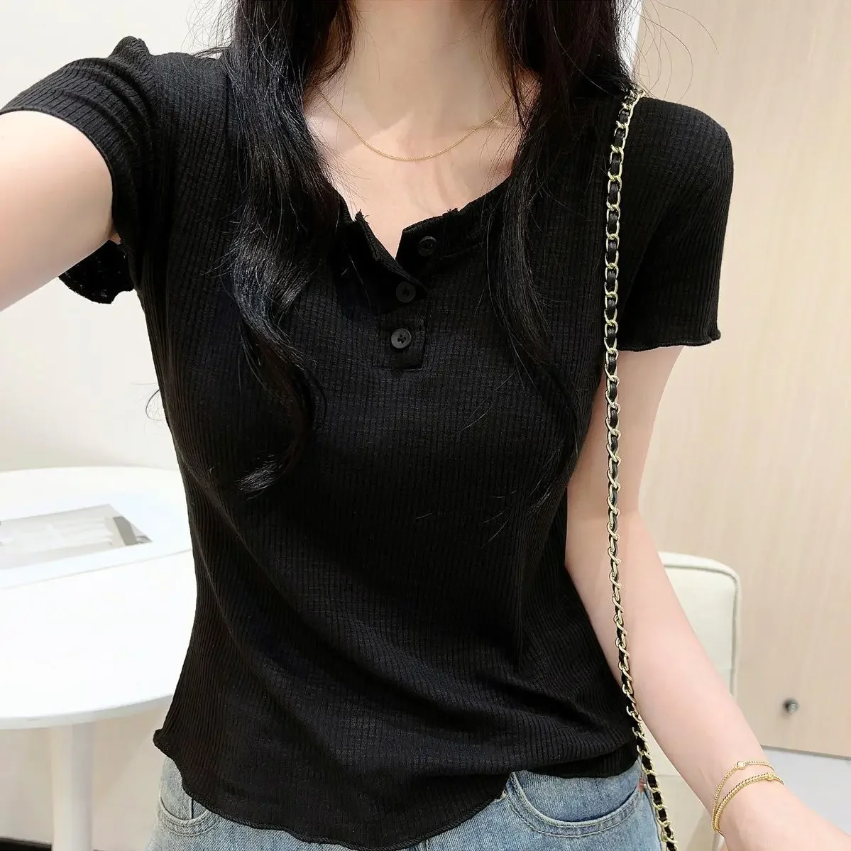 Fashionable and Chic Women's Pullovers, 2024 Summer Solid Color Slim Fit Half-Open Neck Short Sleeve T-Shirt