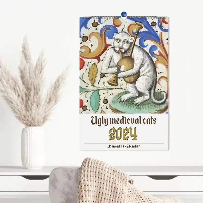 Monthly Cat Wall Calendar 2024 Ugly Medieval Cat Calendar Organizer Cat Lover\'s Daily Calendar Schedule Planner Home Decoration