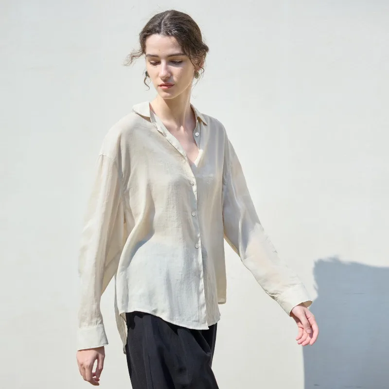 Camicetta vintage retrò da donna in ramie a maniche lunghe con colletto rovesciato monopetto camicie casual larghe e traspiranti alla moda di strada