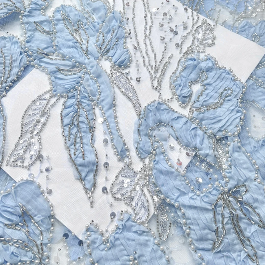 

1yard African 3D Floral Embroidery Mesh Lace Fabric High Quality Bead Sequins For Nigerian Wedding Party Dresses Clothing Sewing