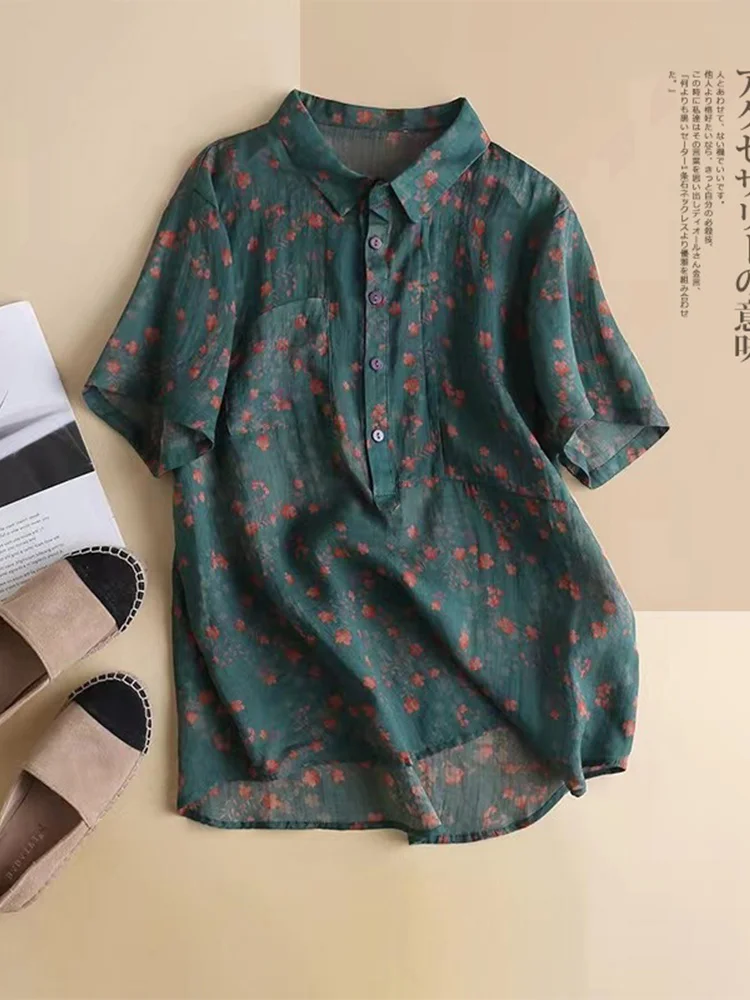 

Retro Floral Linen ort Sve Casual Cotton Linen Women's irt Collar Button Detail Loose Fit Summer