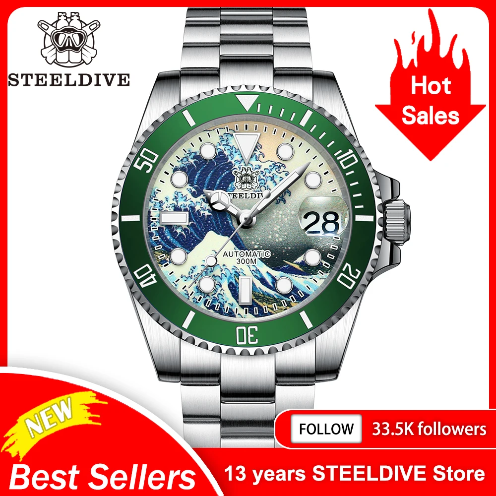 STEELDIVE SD1953J 41mm Green Dial Kanagawa Dial NH35 Automatic Movement 300M Waterproof Water Ghost Dive Watches For Men