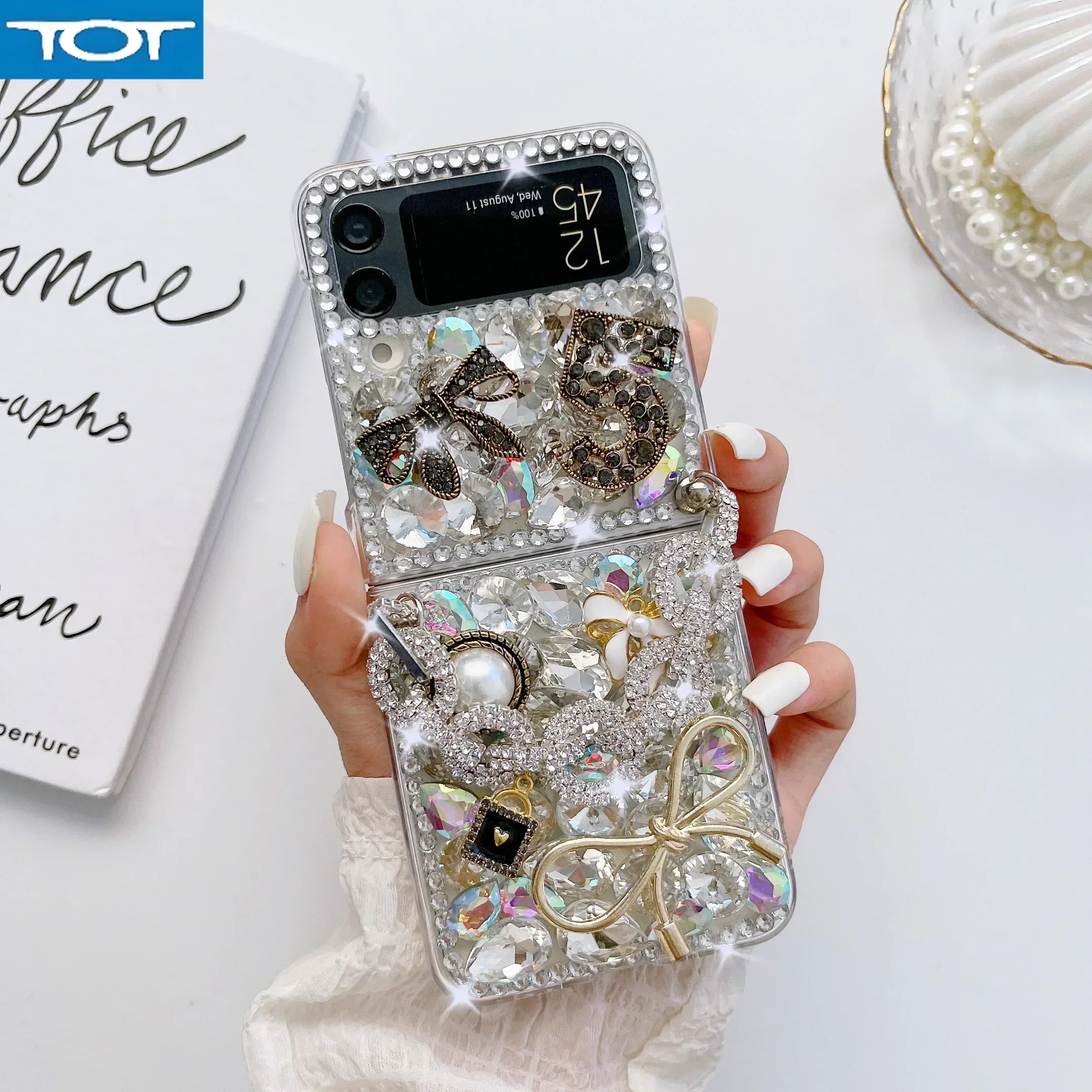 삼성 갤럭시 Z 플립 6 5 4 3 2 럭셔리 다이아몬드 꽃용 크리스탈 진주 휴대폰 케이스