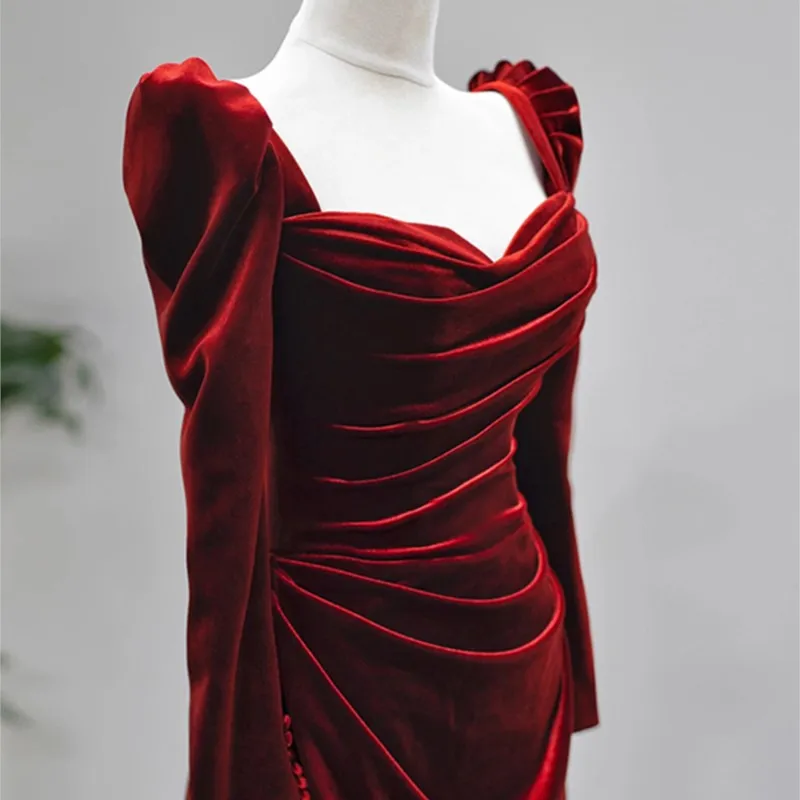 Velvet toasting gown Wine red long sleeve banquet host dress