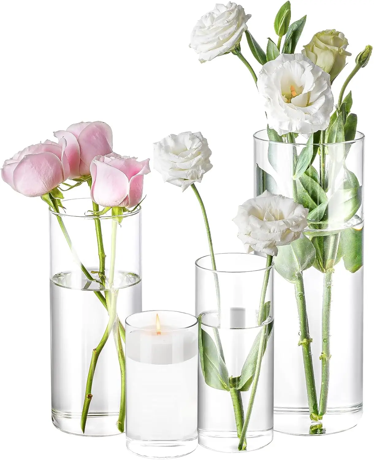 

4 Pack Glass Cylinder Vases4,6,8,10Inch Tall Clear Flower Vase Hurricane Floating Candle Holder for Table Centerpiece Home Decor