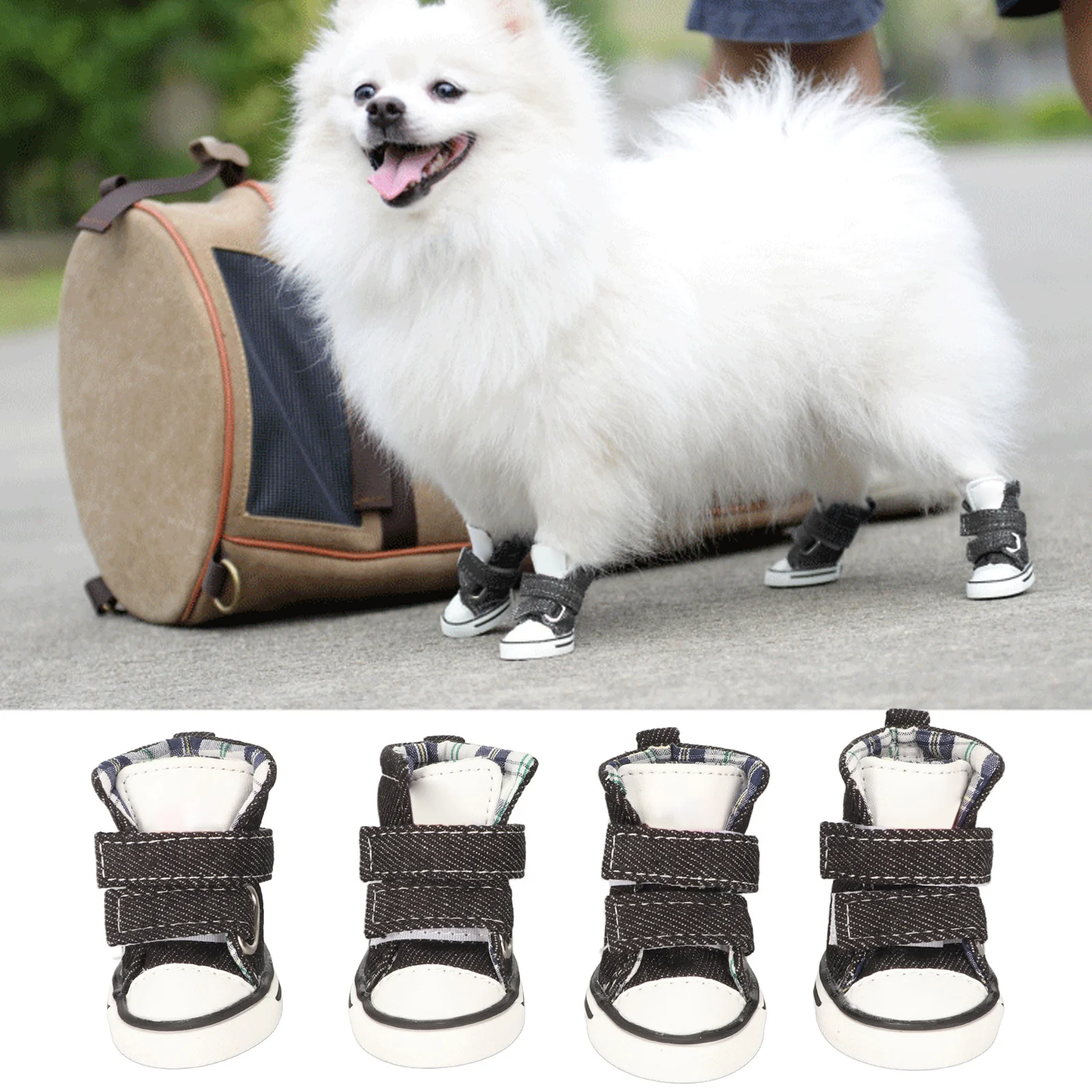 4pcs Dog Shoes Non-Slip Anti-Drop Tether Denim Canvas Shoes Small Dog Cat General Outdoor Breathable Dog Shoes Pet Supplies