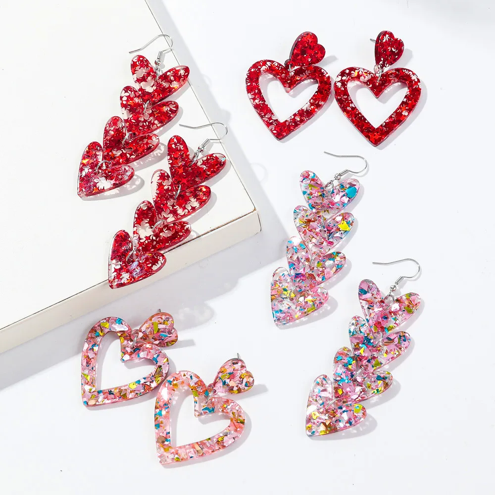 Doce dia dos namorados glitter acrílico coração brincos para mulheres geométrica forma de coração longo pingente brinco jóias do dia dos namorados