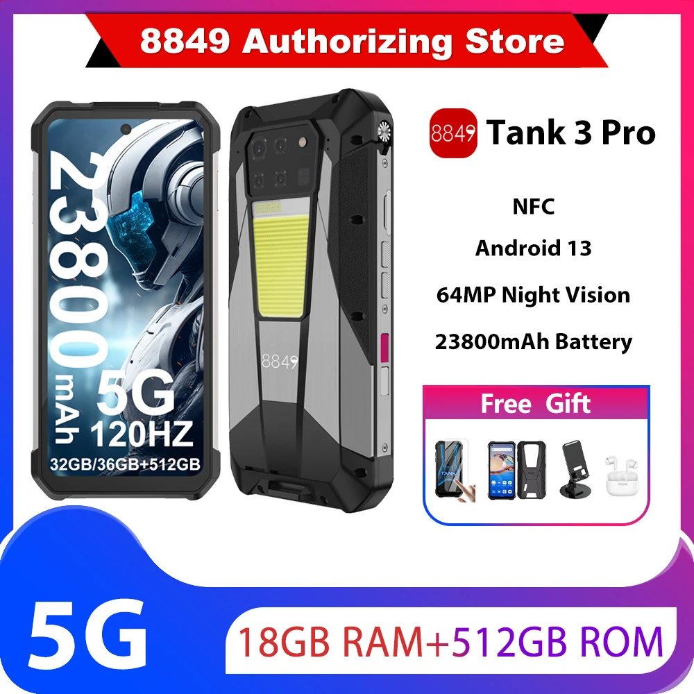 8849 Tank 3 Pro by Unihertz Rugged Smartphone 5G with 100 Lumens Projector 32/36GB 512GB 23800mAh Waterproof 200MP Cell Phones