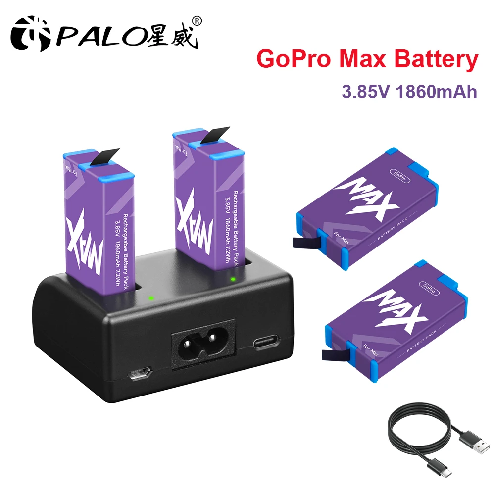 Gopro Max Go Pro Battery Dual Charger + 1860mAh Battery for GoPro Hero Max 360 Action 360 Panoramic Camera Batteries Accessories