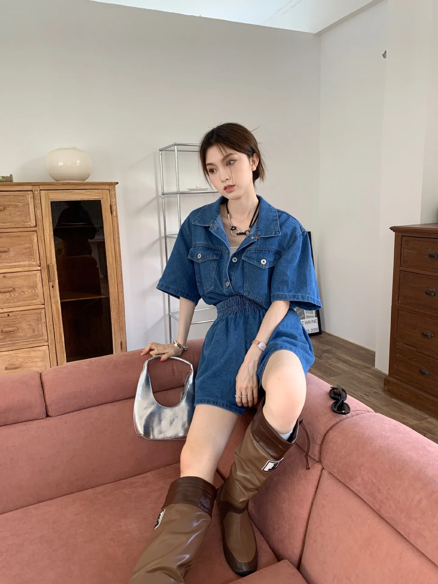 2023 Summer Womens Short Suits Elegante Temperament Two Pieces Sets Casual  Denim Shorts Women\'s  Korean Denim Two Pieces Suits