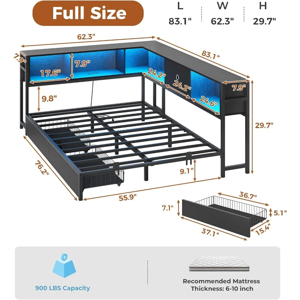 Full Corner Bed Frame with Bookcase Storage Metal Platform Bed Frame with Storage Drawers & Charging Station Full Size Daybed