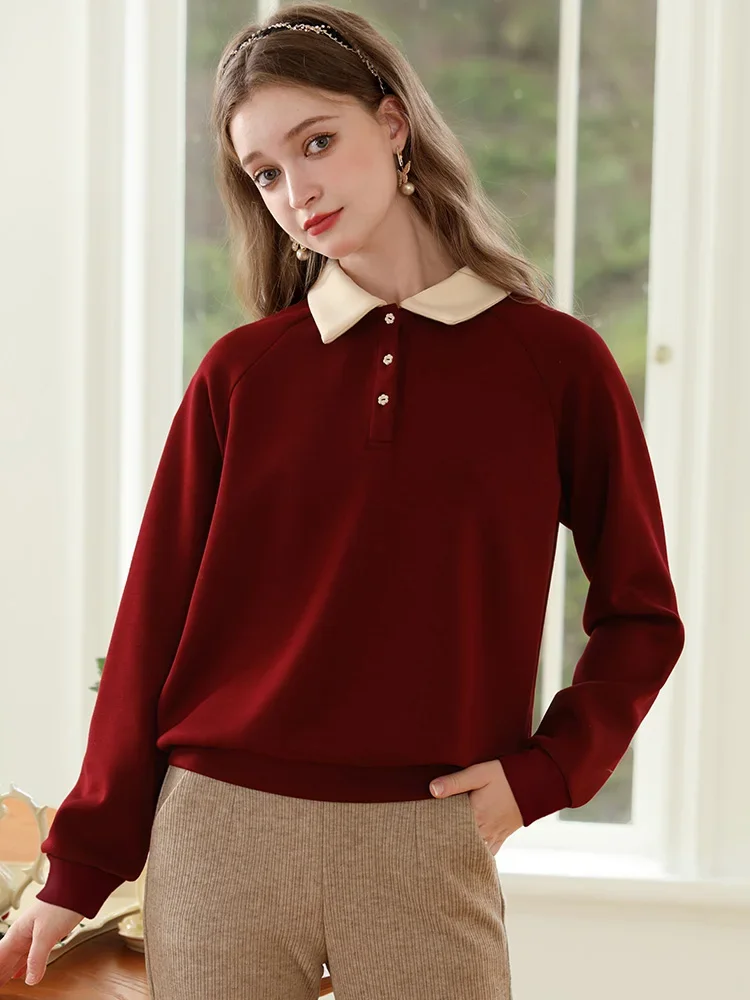 I BELIEVE YOU Red Loose Hoodies For Women 2023 Autumn New Polo Collar Long Sleeve Clothes Casual Gentle Pullovers 2233195317