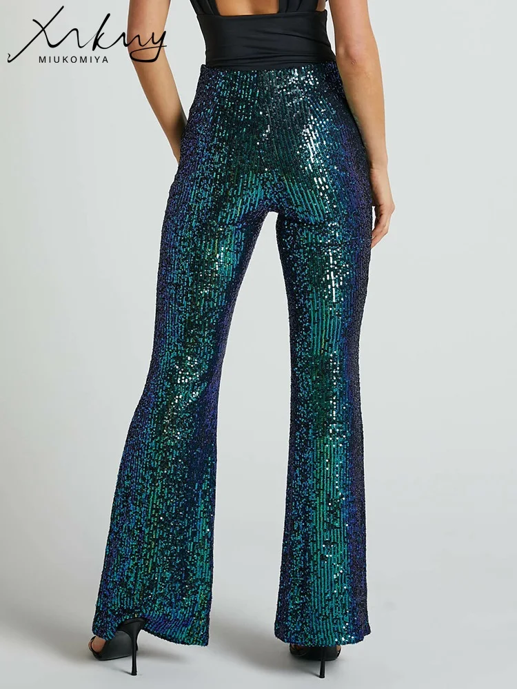 MiuKoMiYa Green Flared Sequin Pants Women Autumn 2023 High Waist Wide Leg Loose Trousers Sequin Pants For Women Long