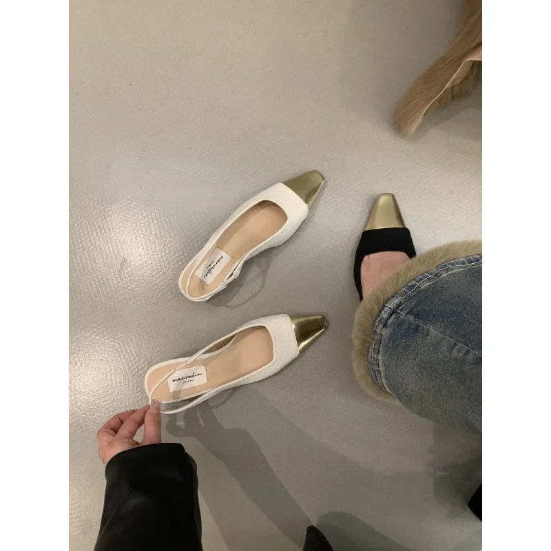 النمط الفرنسي ماري جين عالية الكعب المرأة الذهب الأسود حذا فردي للسيدات الصيف العصرية الجوف خارج الصنادل ساحة تو كعب متوسط