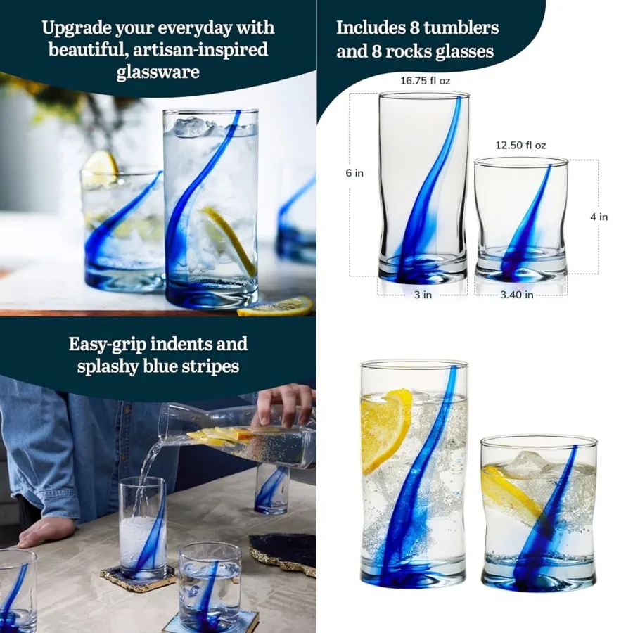 

Blue Ribbon 16 Pcs Tumbler and Rocks Glass Set, Infused Blue Ribbon Drinkware Glasses Set, Artisan Inspired Four-Dimple Shaped