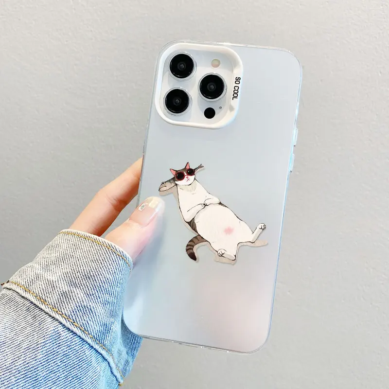 

Korean Style Painted Cute And Lazy Cartoon Cat Laser Phone Case for iPhone 17 16 15 14 Pro Max Plus 13 Mini 12 11 Pro Max Covers