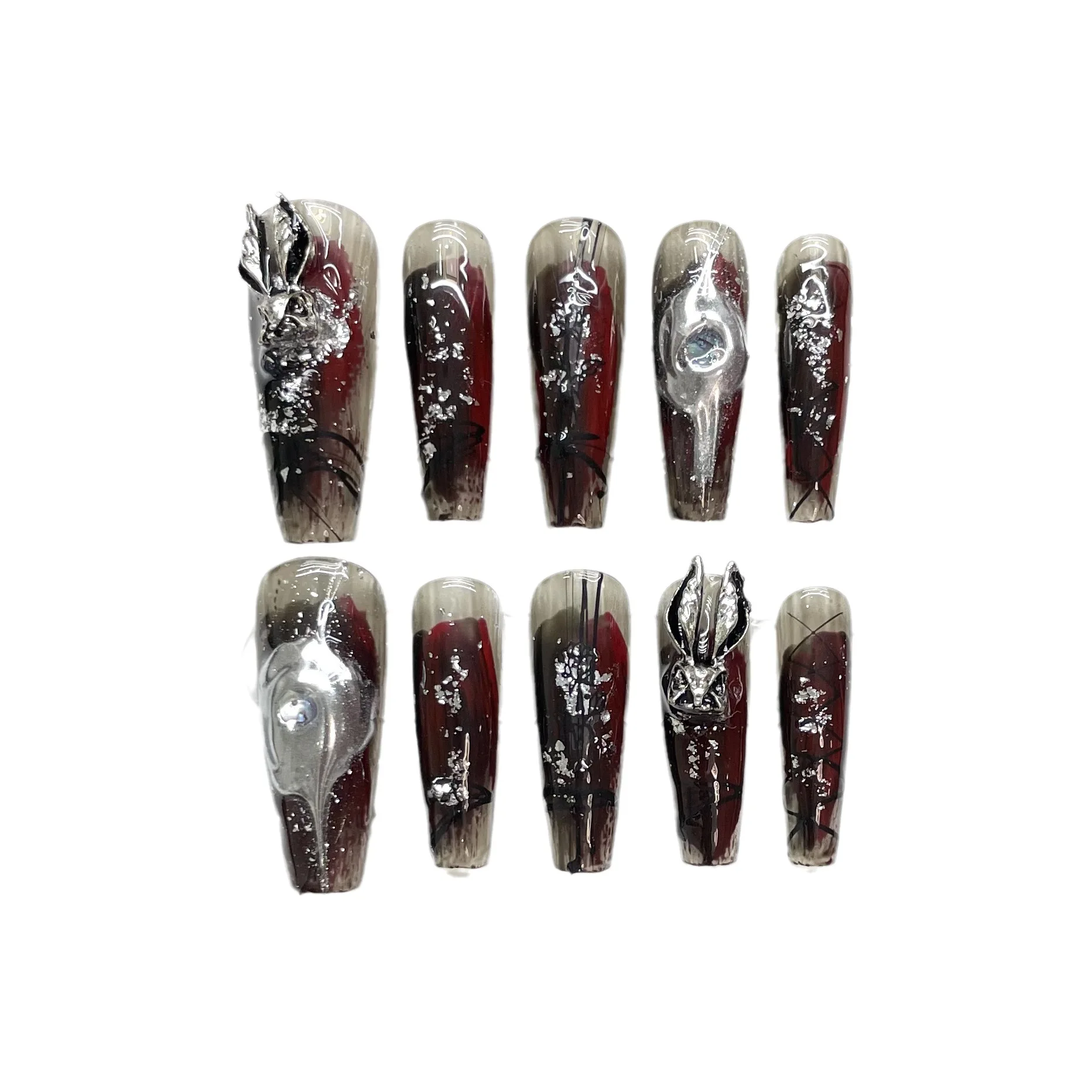 Handmade Y2k Press on Nails Goth Style Black and Red Fake Nails with Design Full Cover Long Coffin Acrylic Nail Tips