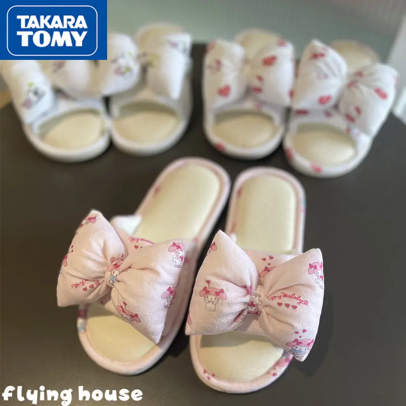 

TAKARA TOMY 2022 Autumn New Women's Cute Cartoon Home Open-toed Slippers Bow Sweet Kawaii Non-slip Indoor Cotton Slippers