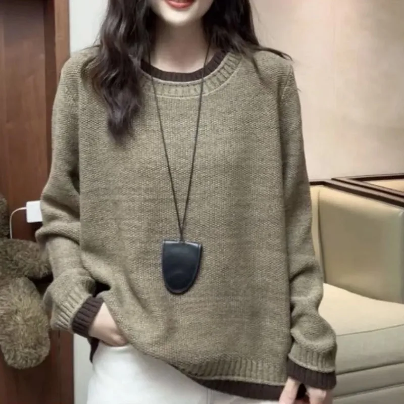 Casual Contrast Collar Women Loose Knit Sweater Cotton Crew Neck Pullover Slim Fit Daily Autumn Winter Tops