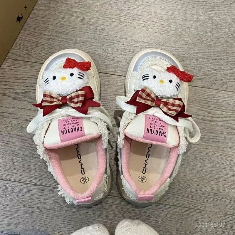 35-40 zapatos de Hello Kitty, zapatos de plataforma con lazo, zapatos blancos, estilo Preppy, zapatillas de plataforma informales versátiles para estudiantes, zapatos de mujer