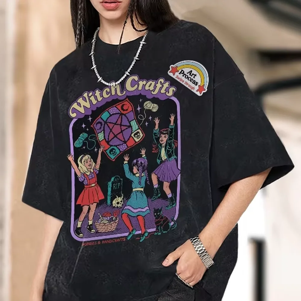 

American Retro Style Women T-Shirt Cartoon Character Print Crew Neck Loose Wash Half Sleeve Casual Cute Sweetheart Top 2024