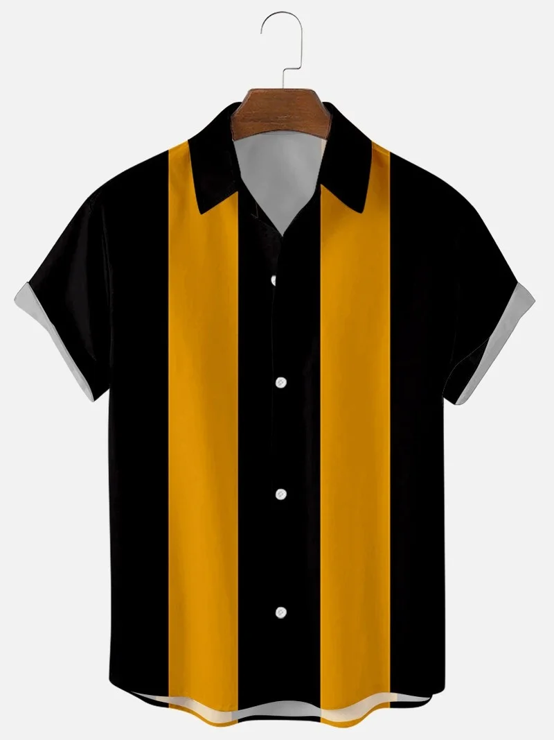 

Bla Yellow Striped ort Sve irt American Sle Summer Youth Faion Polyester Blend Fabric arp Collar Decorative St...