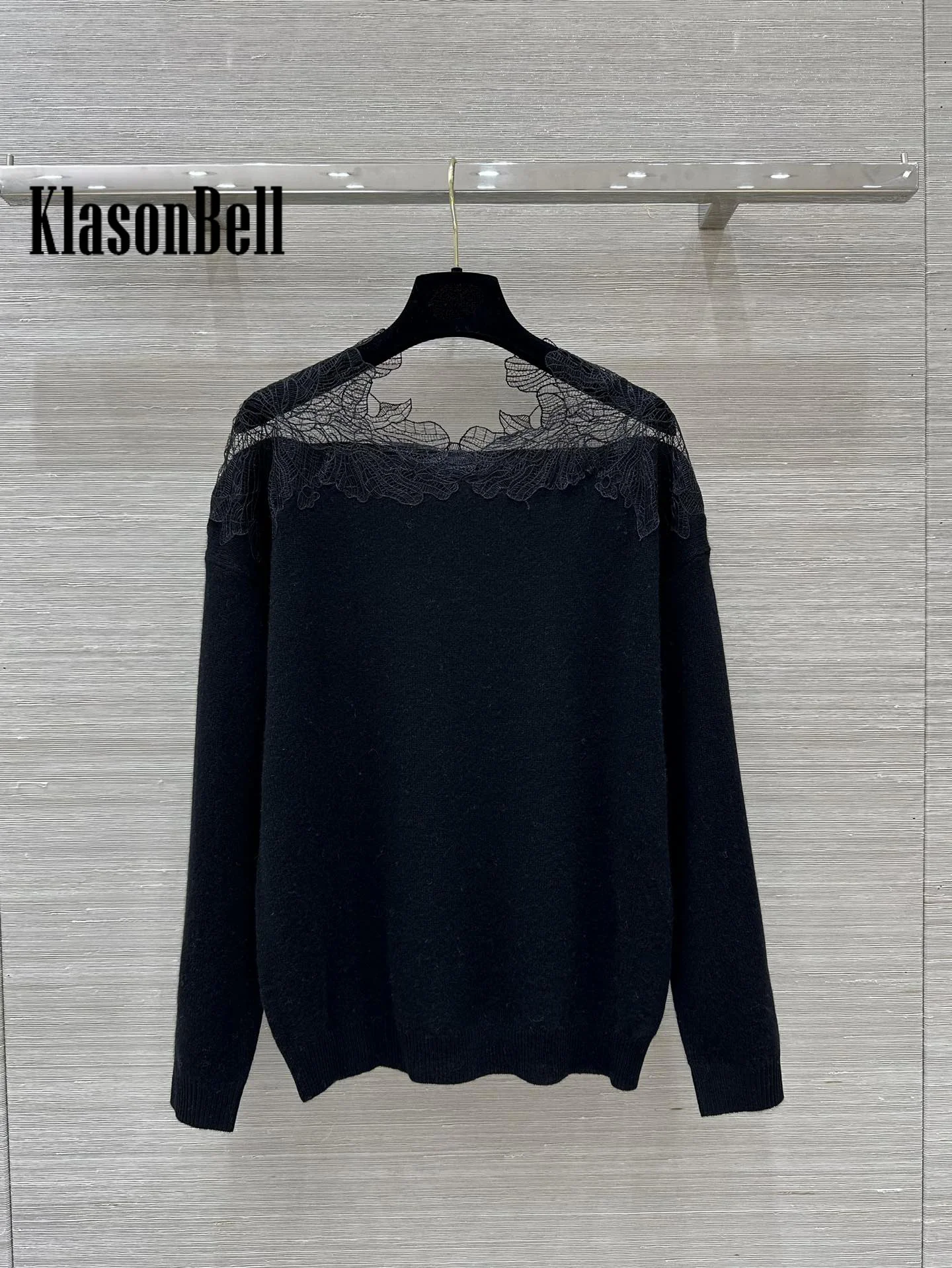 8.31 KlasonBell Women\'s Sexy Off-Shoulder Sheer Lace Spliced Knitwear Top Basics All-match Long Sleeve Cashmer Knit Sweater