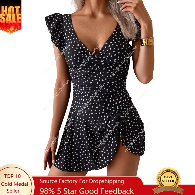 One Piece Swimdress Tummy Control Ruffle Swimsuit for Women Tie Knot Swim Dresses V Neck Bathing Suit Skirt