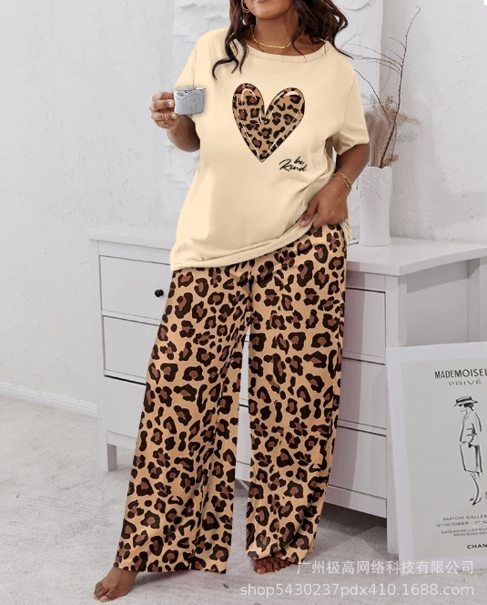 Women Fashion Suits 2025 Spring Summer Last Leopard Print Printed Round Neck Short Sleeved T-Shirt+Long Pants Home Two-Piece Set