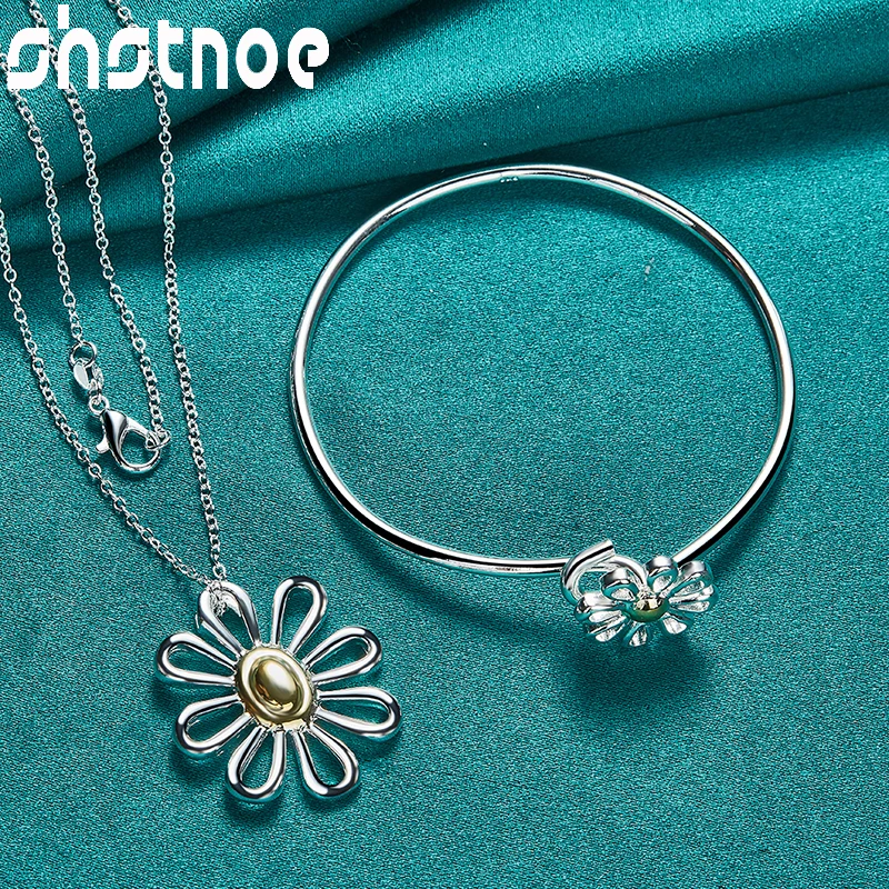 

SHSTONE 2pcs 925 Sterling Silver Sunflower Pendant Chain Necklace Bangle Classic Jewelry Sets For Woman Wedding Engagement Gifts