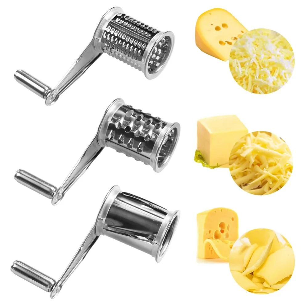 Stainless Steel Rotary Cheese Grater Silver Rotatable Cheese Shredder Tool 3 Interchanging Drum Blades Multi-Function