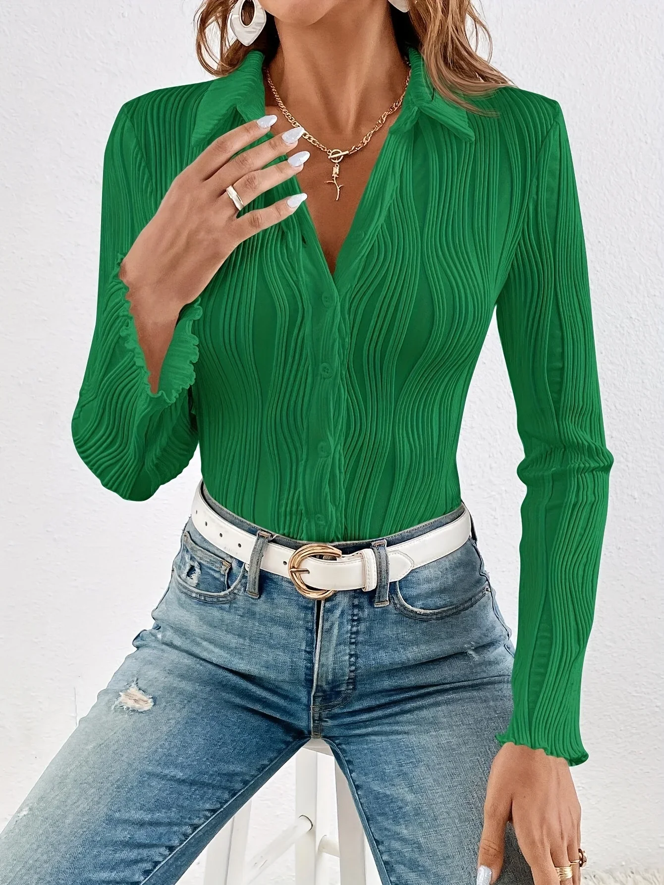 

Plus Size Women's Geometric Button-Up Patterned Pleated Shirt with Square Neckline Knit Fabric All-Season Fashion Top Shirt