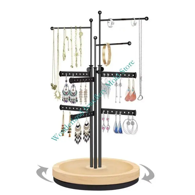 

H7EB 360 Rotating Jewelry Accessories Holder Stand Modern Wooden Iron Display Rack For Necklaces Earrings Shop Exhibition