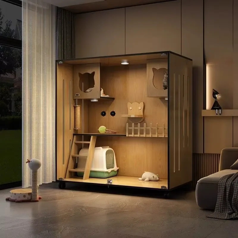 for Modern Retro Solid Wood Cat Villa Luxury Two Layer One Piece Movable Pet House for Living Room Cat Cabinet