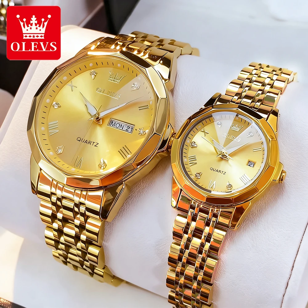OLEVS ساعات الزوجين الذهبية الفاخرة الفولاذ المقاوم للصدأ الفولاذ المقاوم للصدأ الأصلي كوارتز ساعة اليد مقاوم للماء مضيئة تاريخ الأسبوع 9931cp #5