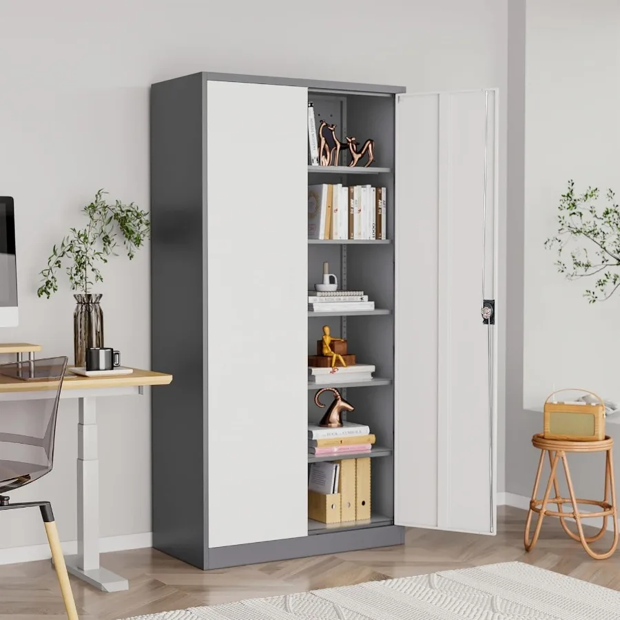 خزائن تخزين جراج معدنية مع قفل 72 خزانة أدوات طويلة مع بابين و5 أرفف قابلة للتعديل قفل خزائن المرآب والموقع #1