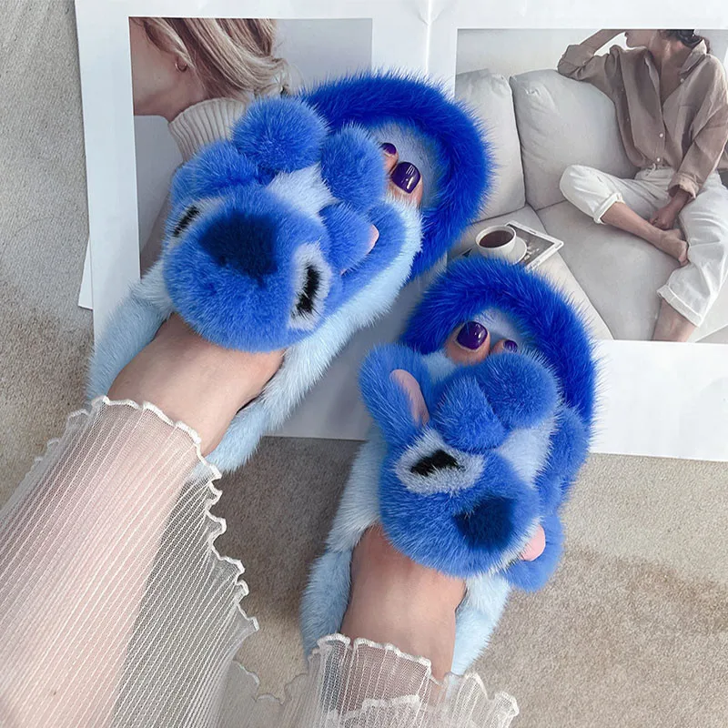 

Women Slides 2024 Trending Fluffy Mink Plush Cute Animal Doll Women's Slippers Summer Flip Flop Femme Disigner