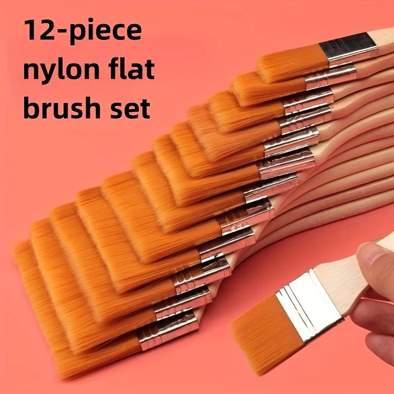 Conjunto de 12 Pincéis Planos de Nylon para Arte, Pintura de Parede, Pincel Base, Pincel de Cabo Curto para Pintura a Óleo e Acrílica, Aquarela