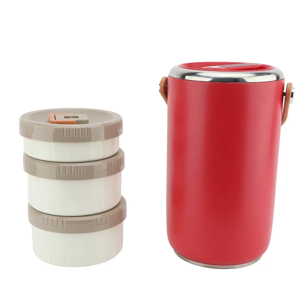 Practical 304 Stainless Steel Vacuum Insulated Food Jar 2.6L 3 Tier Thermal Bento Lunch Box With Handle Vacuum Carrier Office
