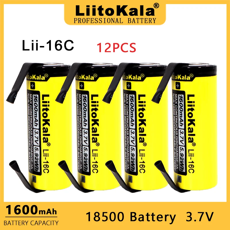 12PCS LiitoKala Lii-16C 18500 1600mAh 3.7V Rechargeable Battery Recarregavel Lithium ion Battery For headlights+Nickel