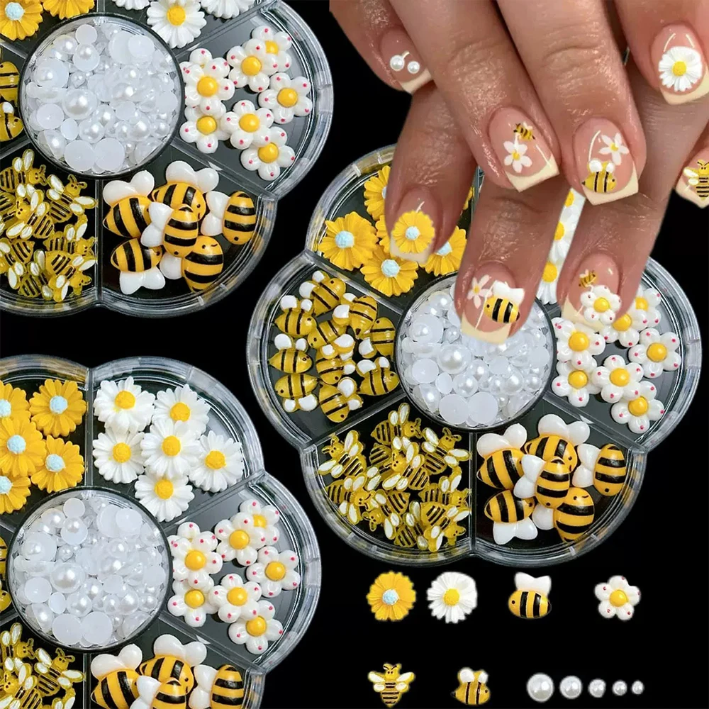 7Grids Adornos para Uñas de Resina Mixta con Diseños de Abeja, Flor de Margarita y Perla, 3D de Base Plana, Pequeña Margarita Silvestre, Abeja Kawaii y Dibujos Animados, Joyería para Uñas DIY y Arte de Uñas