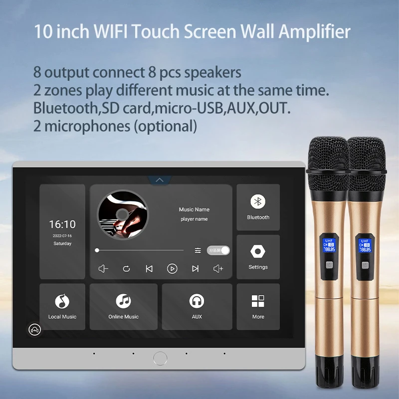 10 Inch Wall BluetoothS Audio Amplifier HD Touch Screen Smart Home Theater Audio System Android Google Now Plays USB TF