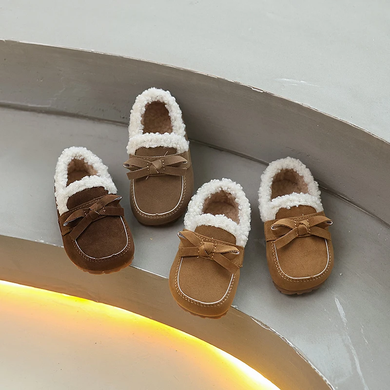 

Children's Plush Shoes Winter Bowknot Girls Fashion Princess Causal Flat Shoes Warm Furry Kids Cotton Shoes Non-slip Solid Color