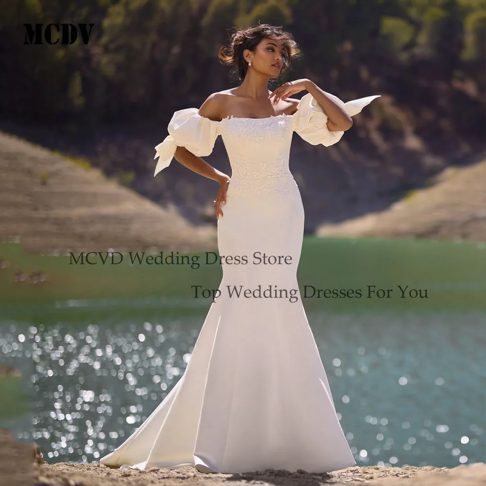 

MCDV Beach Puff Sleeve Applique Satin Bridal Dress Strapless Mermaid Floor Length Sweep Train Satin Wedding Gowns Customized
