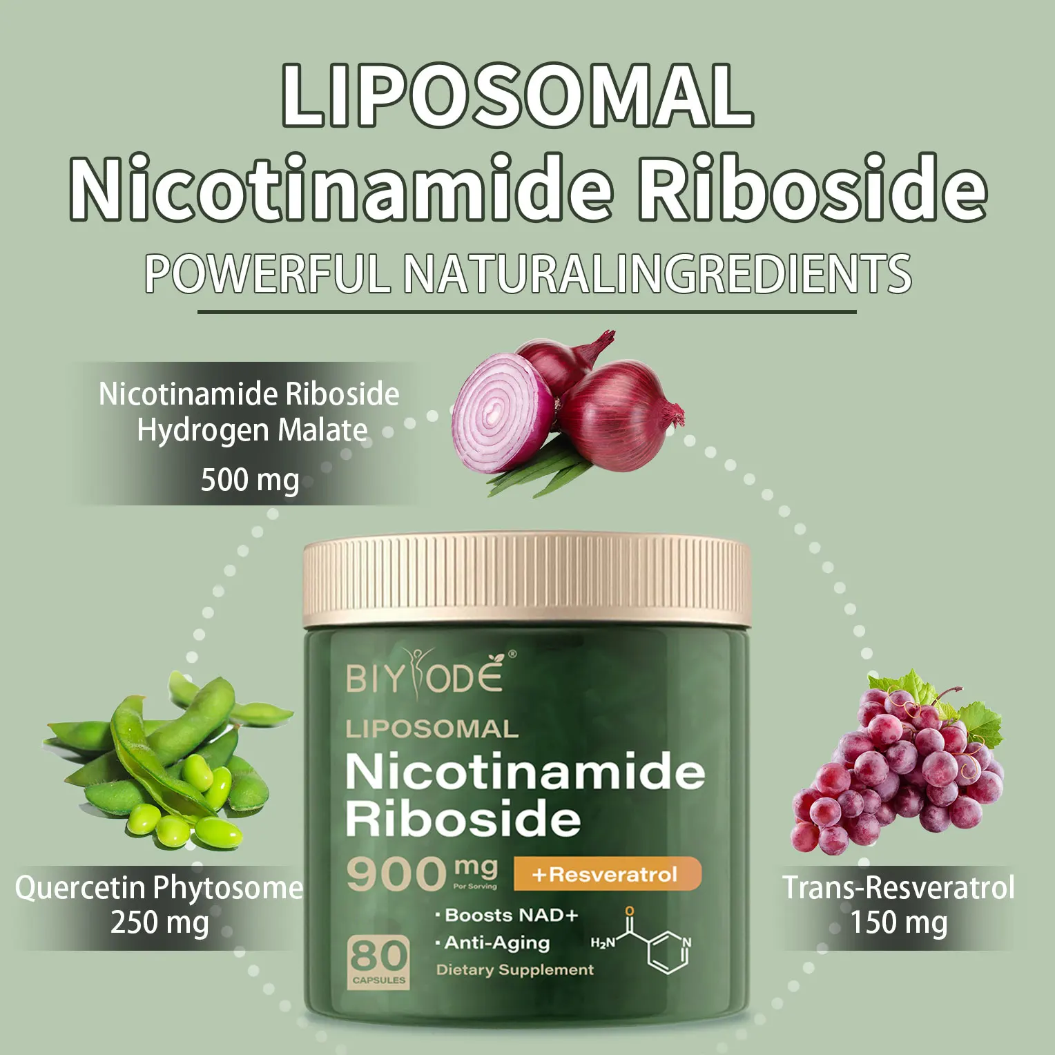 NAD+ Supplement Capsule - Liposomal Nicotinamide Riboside, Resveratrol, Quercetin  for Anti-Aging, Energy, Focus - 80pcs