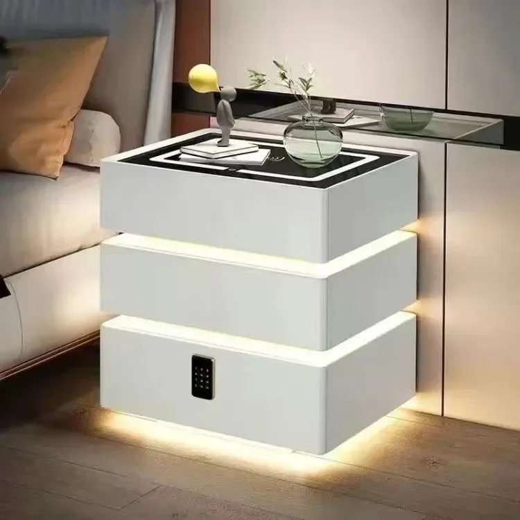Smart Suspended Bedside Table Modern Simple Cream Solid Wood Wireless Charging Password Lock Bedside Cabinet Home Light Luxury