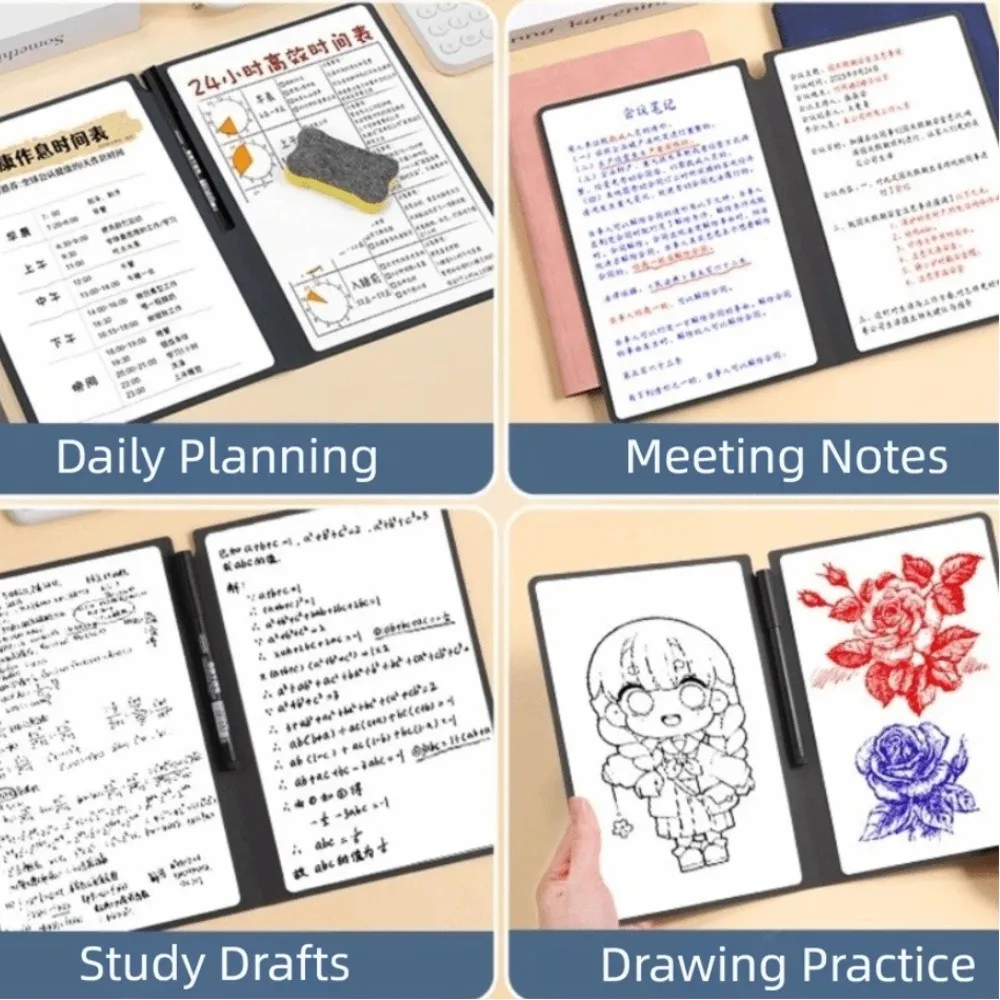 Portable Design PU Leather Cover Whiteboard Set PVC Marker Pen Reusable Notebook Easy to Clean A5 Size Memo Notepad School Use