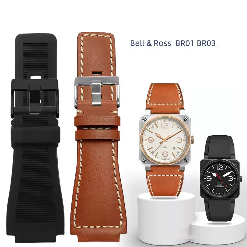 

For Bell&Ross watch strap BR men's watch belt BR01 BR03 Leather watchband bracelet Bell Ross 35X24mm convex interface for men