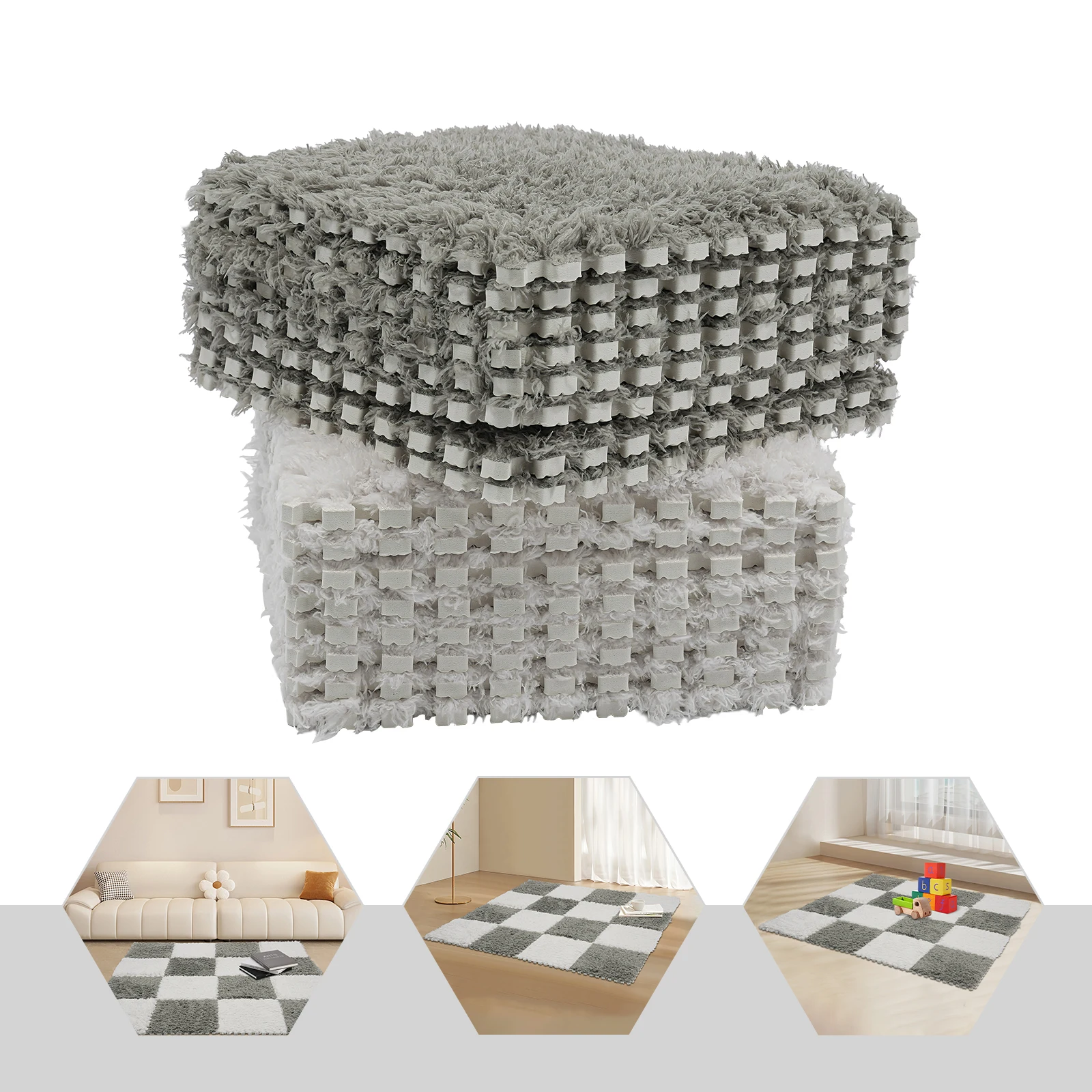 

Fluffy Floor Mat 16-Piece Set—Thickened(1cm, Cold-Isolating), Free Splicing/Cutting, Toothed Edges(Stable), Fits Living Room