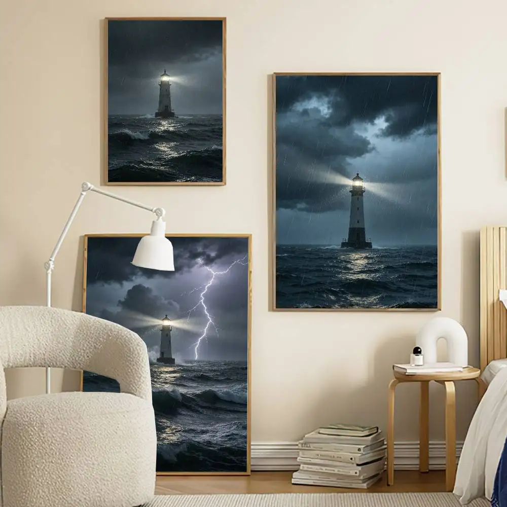 Dark Lighthouse Poster, Creepy Misty Night Sea Wall Art,Mysterious Picture for Bedroom Living Room Home Decor